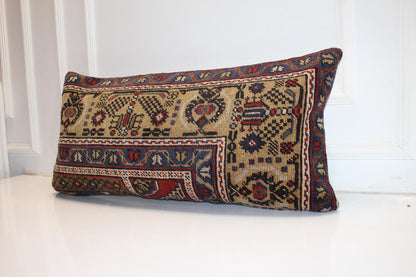 Vintage Turkish Kilim Lumbar Pillow Cover | Beige Woven Rug Cushion
