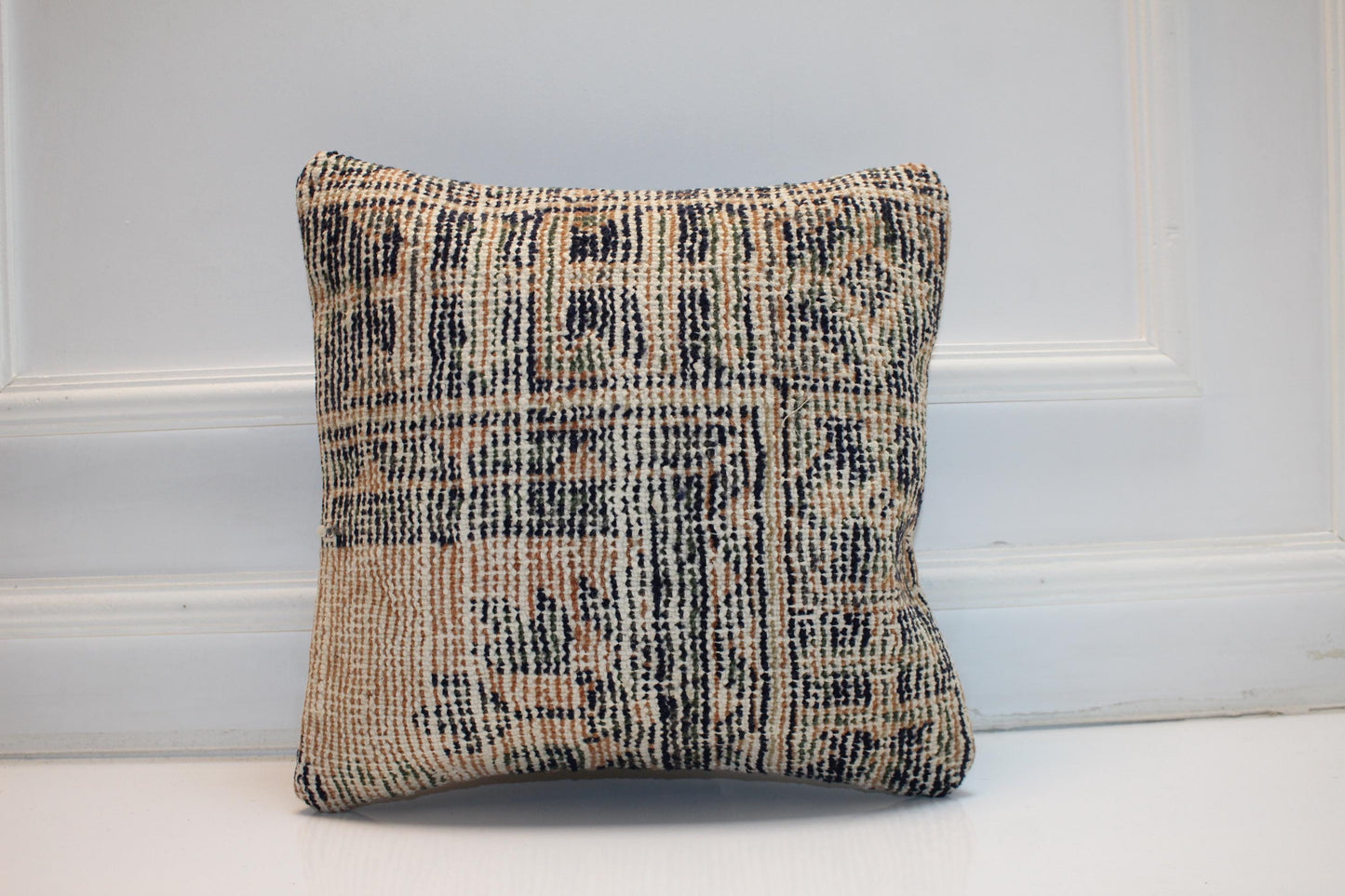 Neutral Beige Black Boho Cushion, Anatolian Pattern Decorative Pillow (16x16 in)