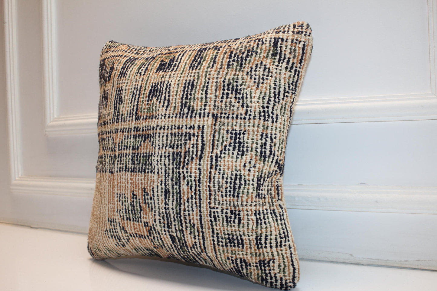 Neutral Beige Black Boho Cushion, Anatolian Pattern Decorative Pillow (16x16 in)