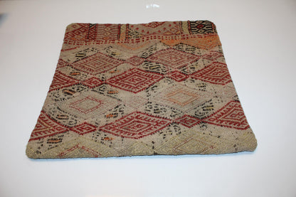Red Beige Anatolian Cushion, Geometric Boho Decor, Handwoven Look Decorative Pillow (16x16 in)