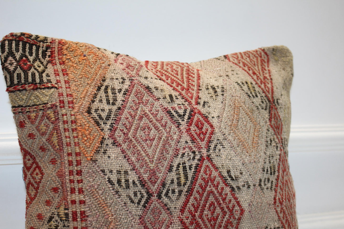 Red Beige Anatolian Cushion, Geometric Boho Decor, Handwoven Look Decorative Pillow (16x16 in)