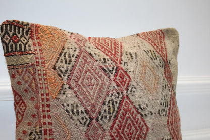Red Beige Anatolian Cushion, Geometric Boho Decor, Handwoven Look Decorative Pillow (16x16 in)