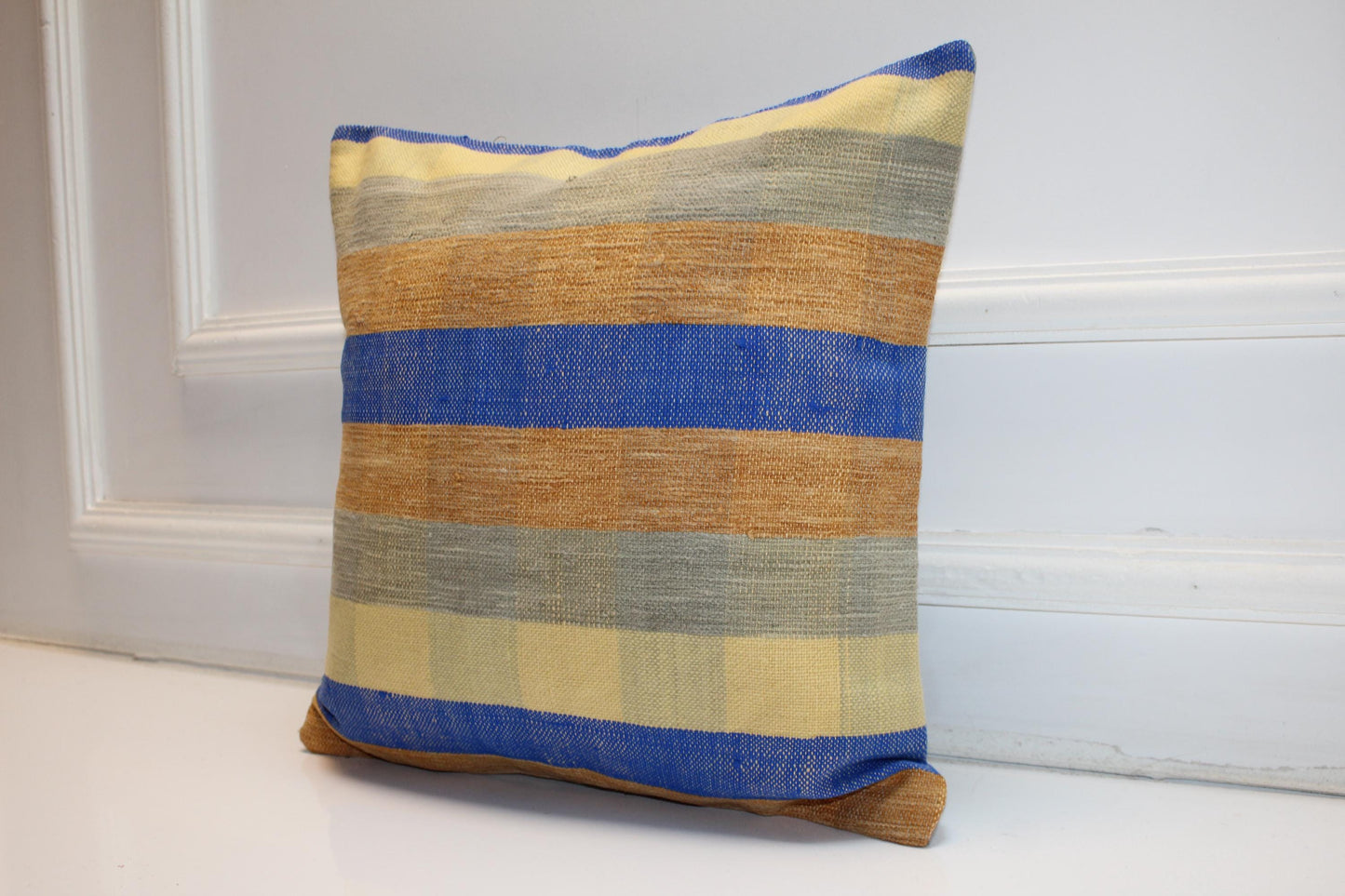 Blue Mustard Striped Cushion, Minimal Boho Textile Accent, Handmade Style Decor(16x16 in)