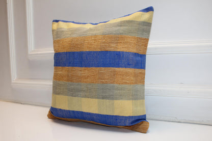 Blue Mustard Striped Cushion, Minimal Boho Textile Accent, Handmade Style Decor(16x16 in)