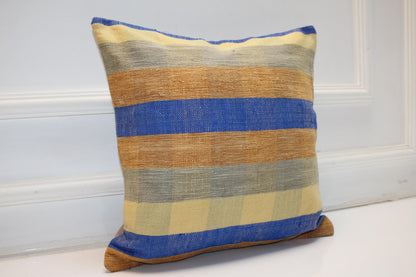 Blue Mustard Striped Cushion, Minimal Boho Textile Accent, Handmade Style Decor(16x16 in)