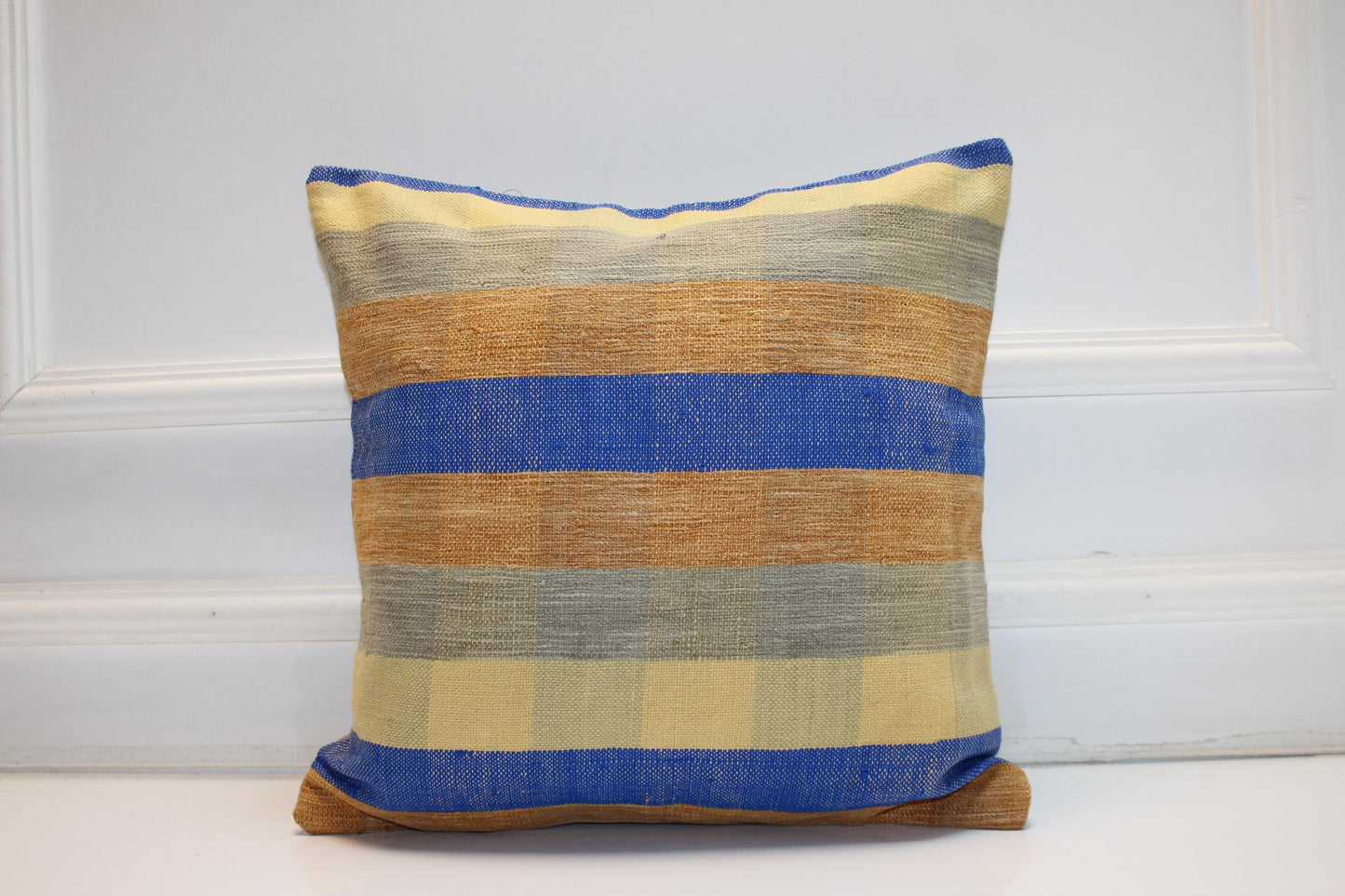 Blue Mustard Striped Cushion, Minimal Boho Textile Accent, Handmade Style Decor(16x16 in)