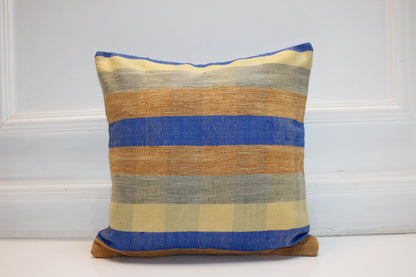 Blue Mustard Striped Cushion, Minimal Boho Textile Accent, Handmade Style Decor(16x16 in)