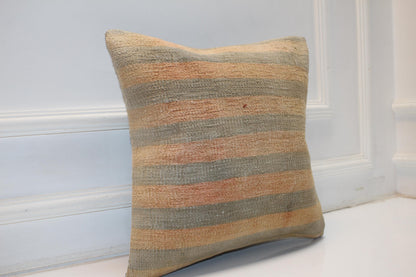 Handmade Kilim Pillow Cover, Peach Sage Striped Wool, Boho Accent (16x16 in)