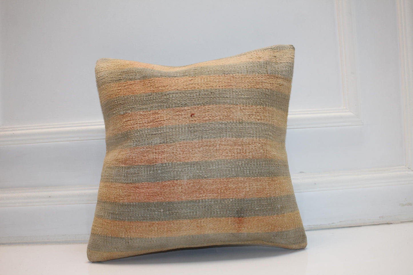 Handmade Kilim Pillow Cover, Peach Sage Striped Wool, Boho Accent (16x16 in)