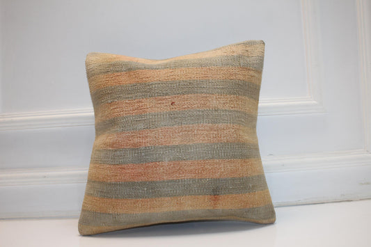 Handmade Kilim Pillow Cover, Peach Sage Striped Wool, Boho Accent (16x16 in)