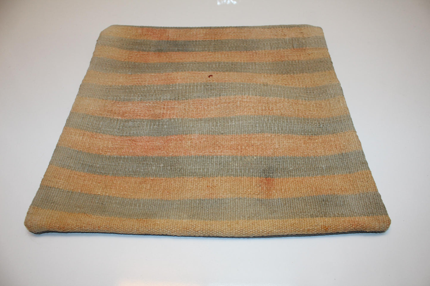 Handmade Kilim Pillow Cover, Peach Sage Striped Wool, Boho Accent (16x16 in)
