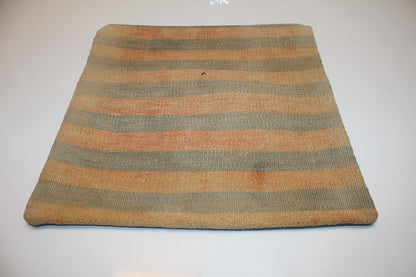 Handmade Kilim Pillow Cover, Peach Sage Striped Wool, Boho Accent (16x16 in)