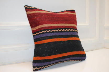 Handmade Kilim Pillow Cover, Red Black Striped Woven Rug (16x16 in)