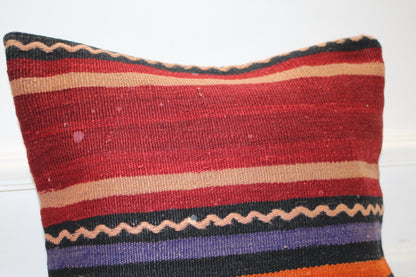 Handmade Kilim Pillow Cover, Red Black Striped Woven Rug (16x16 in)