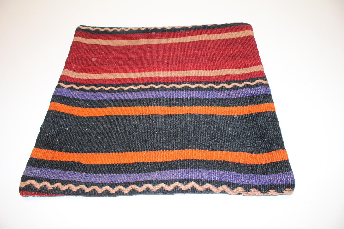 Handmade Kilim Pillow Cover, Red Black Striped Woven Rug (16x16 in)