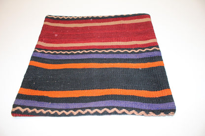 Handmade Kilim Pillow Cover, Red Black Striped Woven Rug (16x16 in)