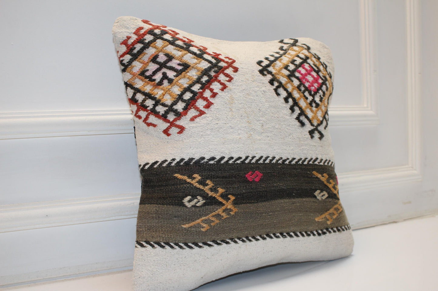 Ivory Tribal Motif Cushion, Nomadic Symbol Textile, Earthy Boho Statement Decor(16x16 in)