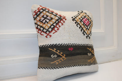 Ivory Tribal Motif Cushion, Nomadic Symbol Textile, Earthy Boho Statement Decor(16x16 in)