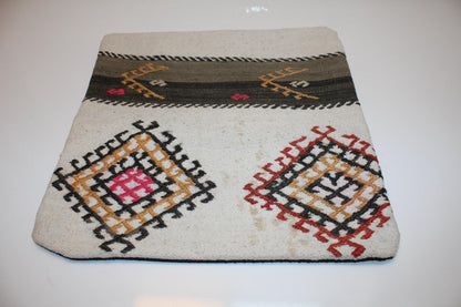Ivory Tribal Motif Cushion, Nomadic Symbol Textile, Earthy Boho Statement Decor(16x16 in)