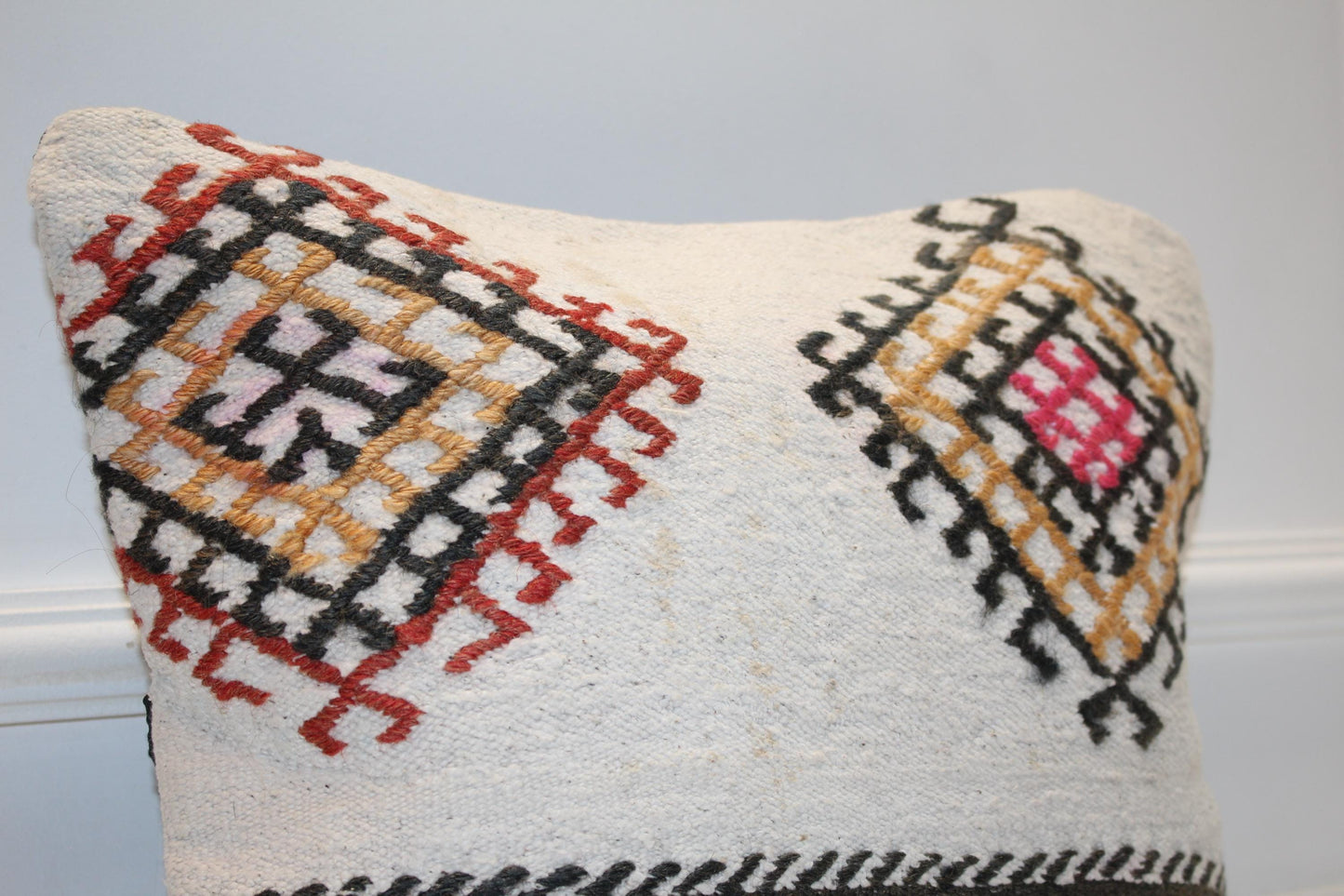 Ivory Tribal Motif Cushion, Nomadic Symbol Textile, Earthy Boho Statement Decor(16x16 in)