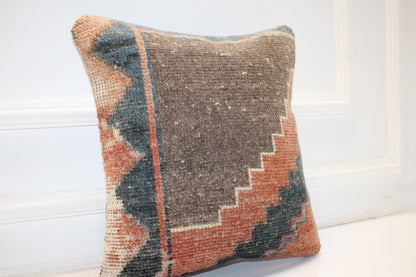 Rust Teal Stepped Motif Cushion, Earthy Geometric Textile, Modern Nomad Home Accent(16x16 in)
