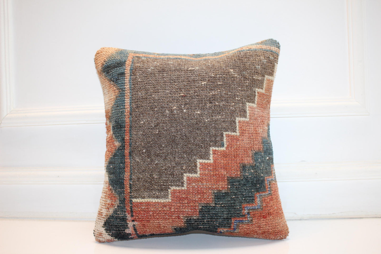 Rust Teal Stepped Motif Cushion, Earthy Geometric Textile, Modern Nomad Home Accent(16x16 in)