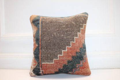 Rust Teal Stepped Motif Cushion, Earthy Geometric Textile, Modern Nomad Home Accent(16x16 in)