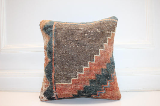 Rust Teal Stepped Motif Cushion, Earthy Geometric Textile, Modern Nomad Home Accent(16x16 in)