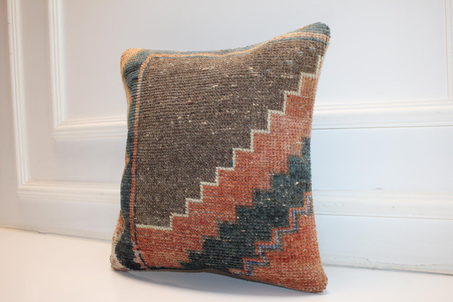 Rust Teal Stepped Motif Cushion, Earthy Geometric Textile, Modern Nomad Home Accent(16x16 in)