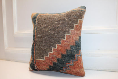 Rust Teal Stepped Motif Cushion, Earthy Geometric Textile, Modern Nomad Home Accent(16x16 in)