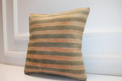 Handmade Kilim Pillow Cover, Sage Peach Striped Woven Rug (16x16 in)
