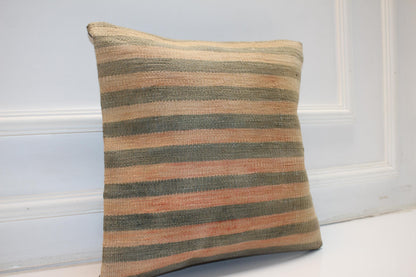 Handmade Kilim Pillow Cover, Sage Peach Striped Woven Rug (16x16 in)