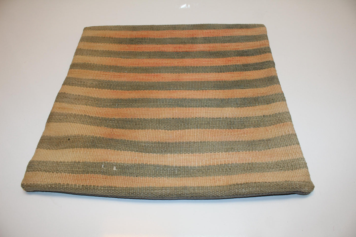 Handmade Kilim Pillow Cover, Sage Peach Striped Woven Rug (16x16 in)