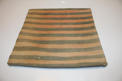 Handmade Kilim Pillow Cover, Sage Peach Striped Woven Rug (16x16 in)