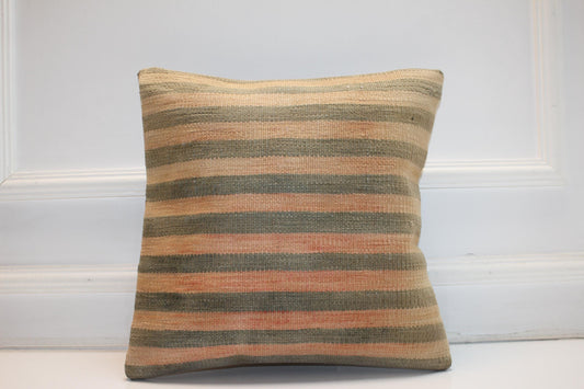 Handmade Kilim Pillow Cover, Sage Peach Striped Woven Rug (16x16 in)