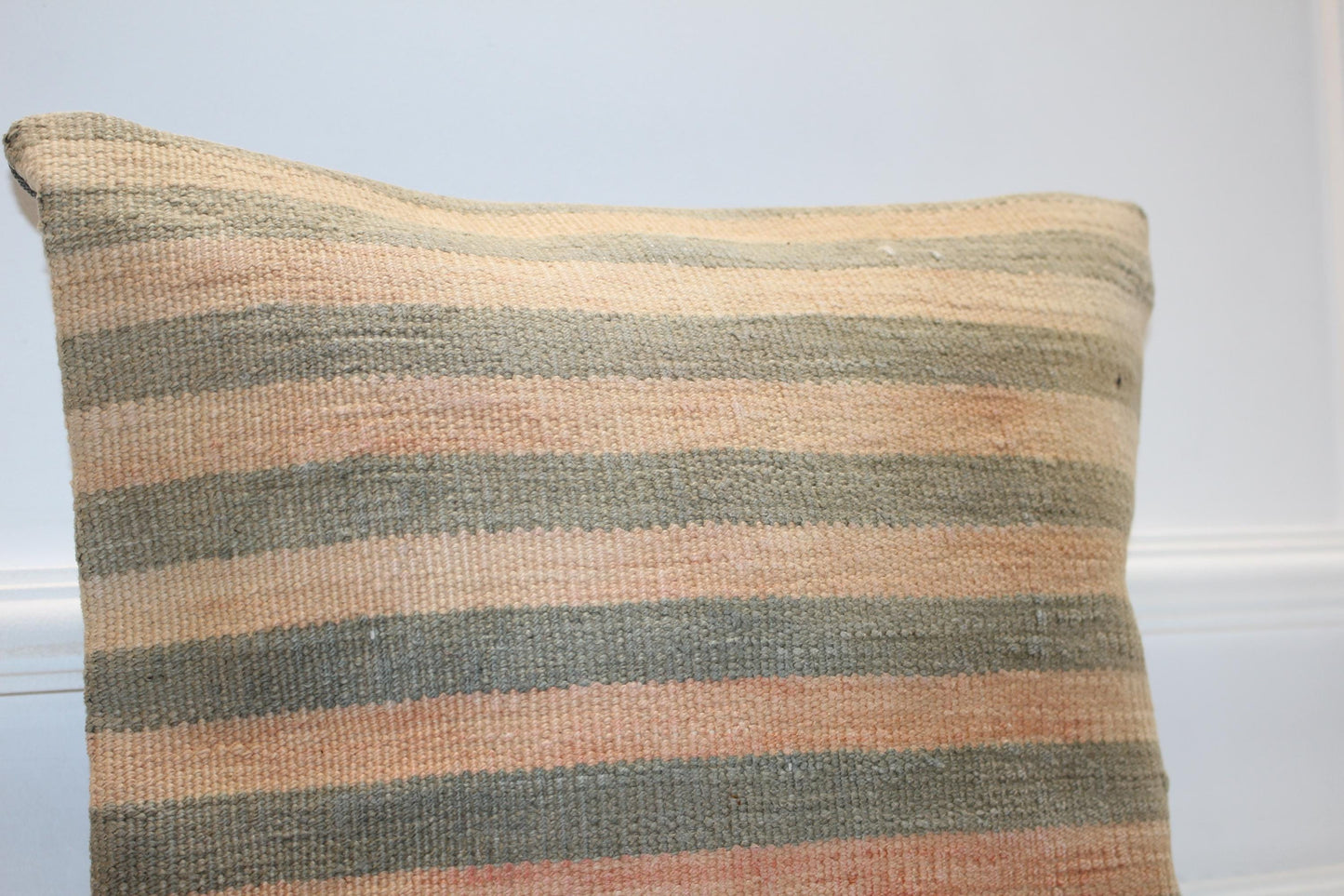 Handmade Kilim Pillow Cover, Sage Peach Striped Woven Rug (16x16 in)