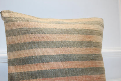 Handmade Kilim Pillow Cover, Sage Peach Striped Woven Rug (16x16 in)
