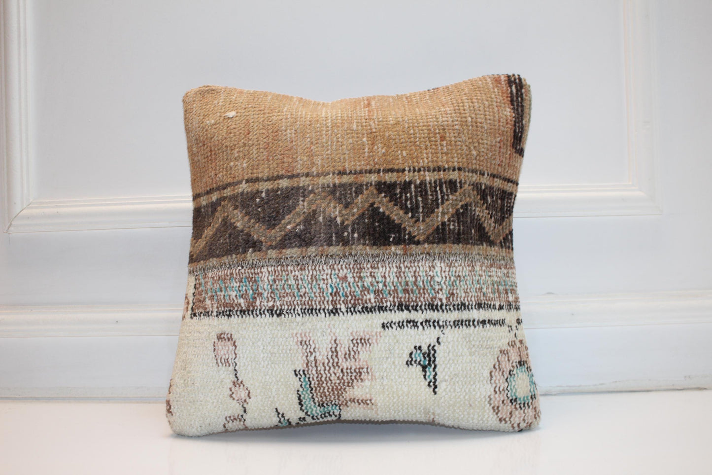 Neutral Tribal Patchwork Cushion, Earth Washed Textile, Organic Boho Home Accent(16x16 in)