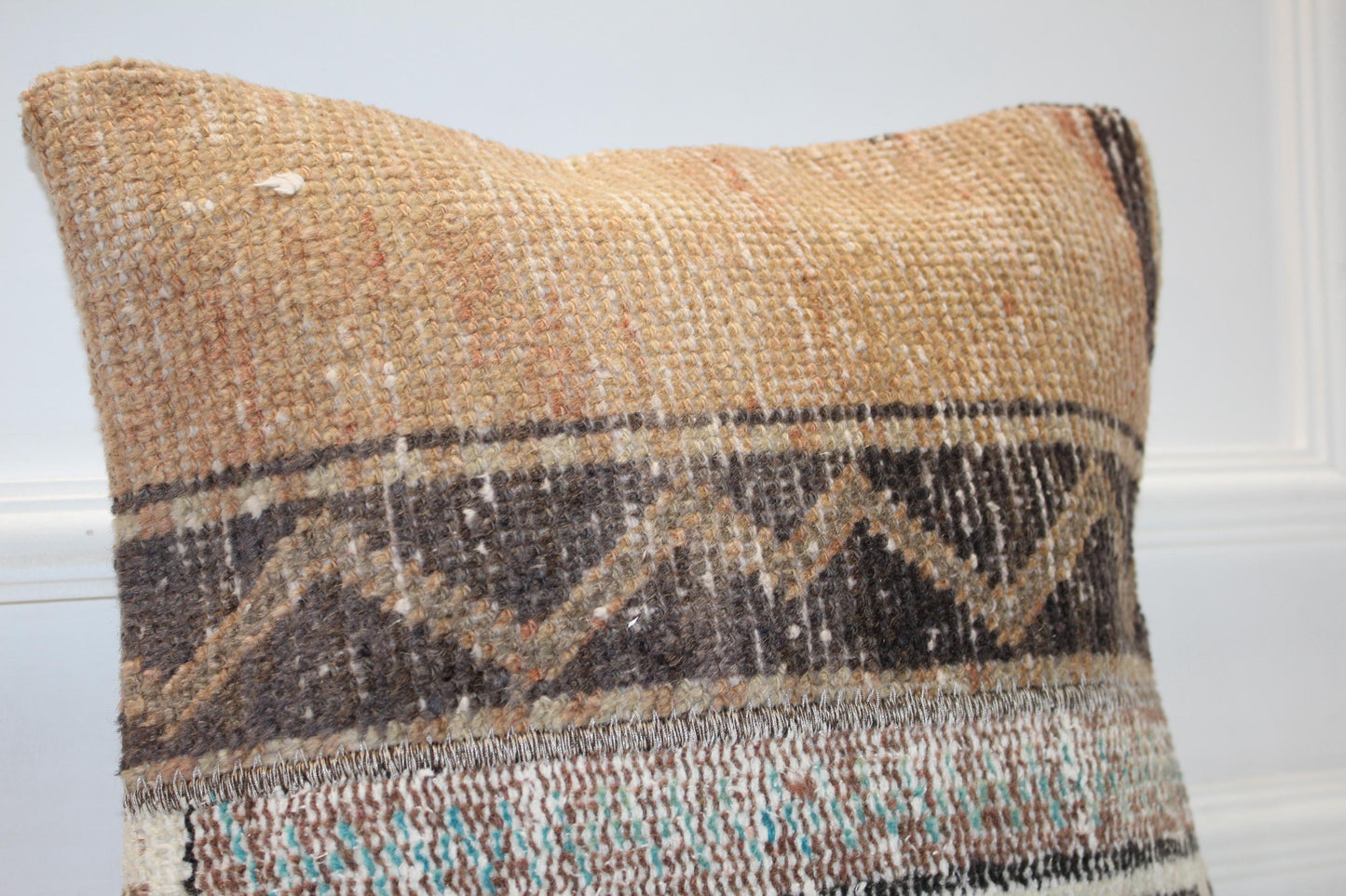 Neutral Tribal Patchwork Cushion, Earth Washed Textile, Organic Boho Home Accent(16x16 in)