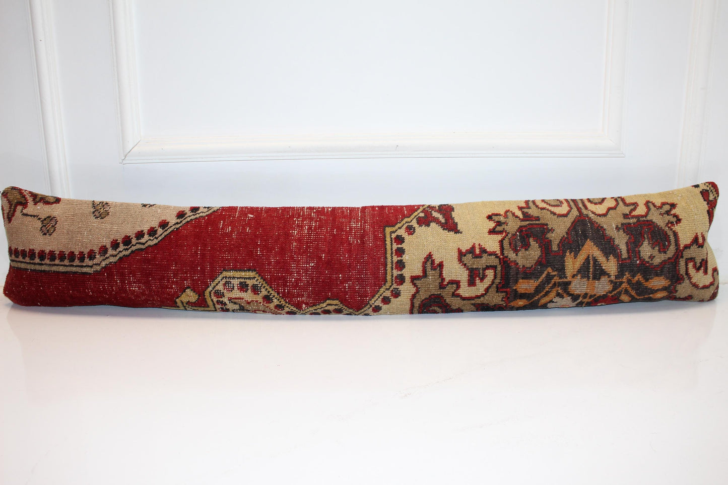 Red & Beige Kilim Cushion, Bold Pattern Long Pillow for Statement Decor