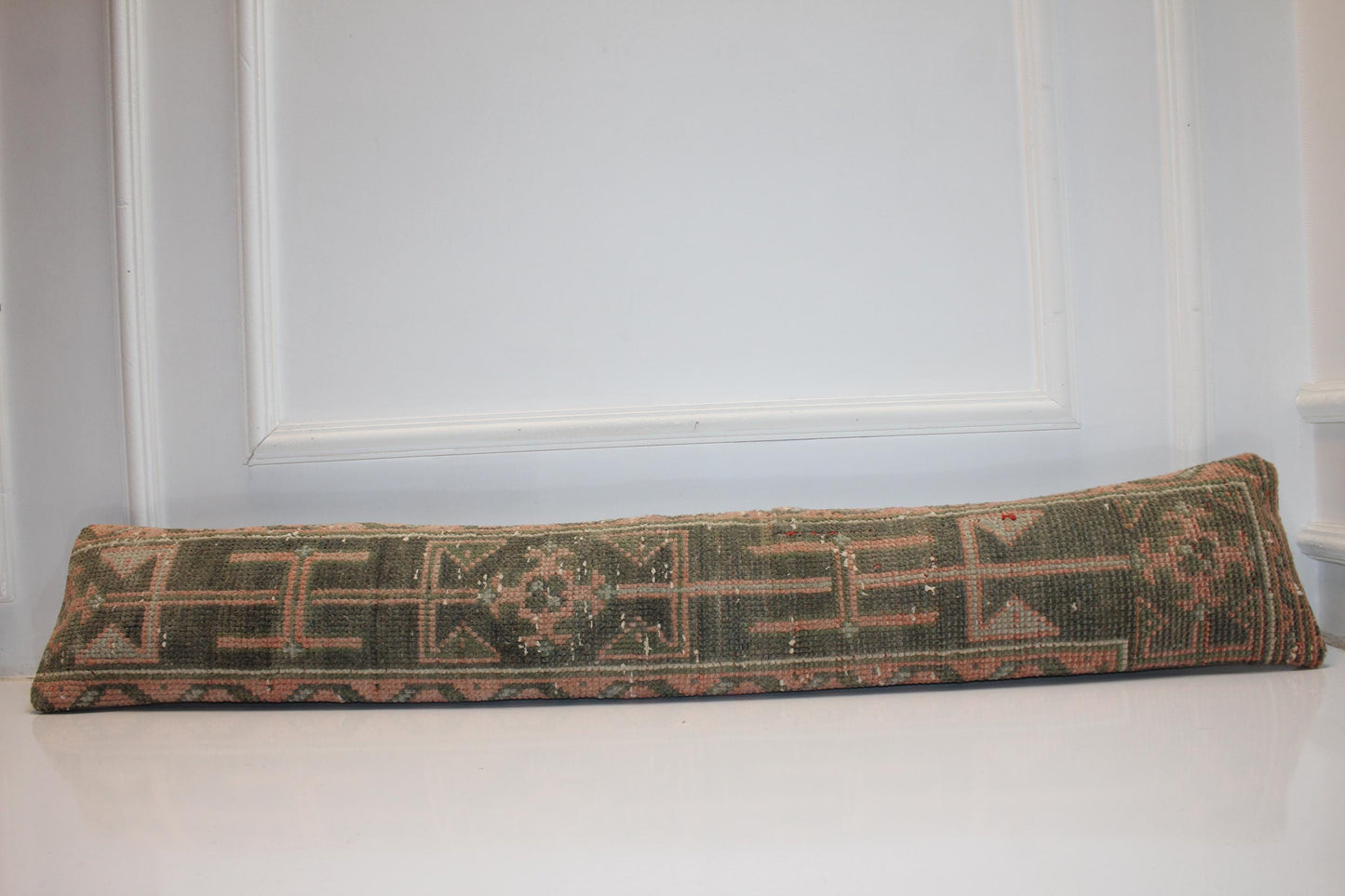 Geometric Kilim Cushion in Olive & Blush Tones, Long Earthy Decor Pillow