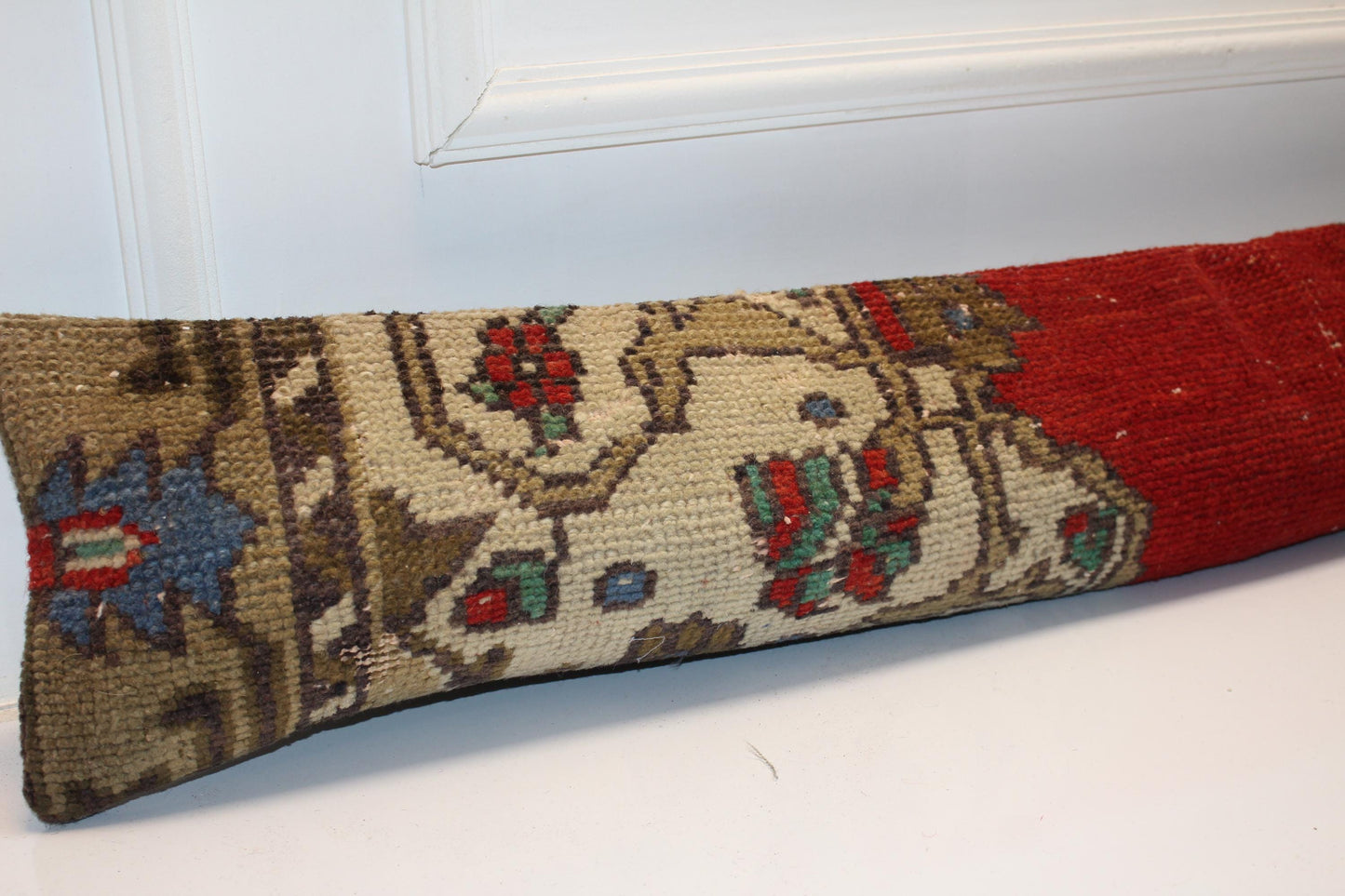 Red Center Boho Bench Cushion, Handwoven Anatolian Rug Pillow