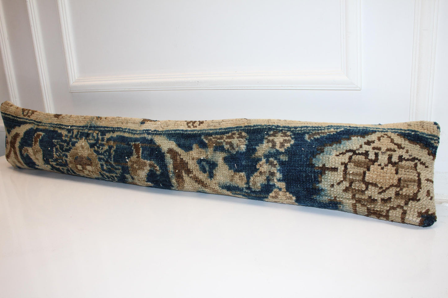 Blue Beige Floral Boho Bench Cushion, Handwoven Anatolian Rug Pillow