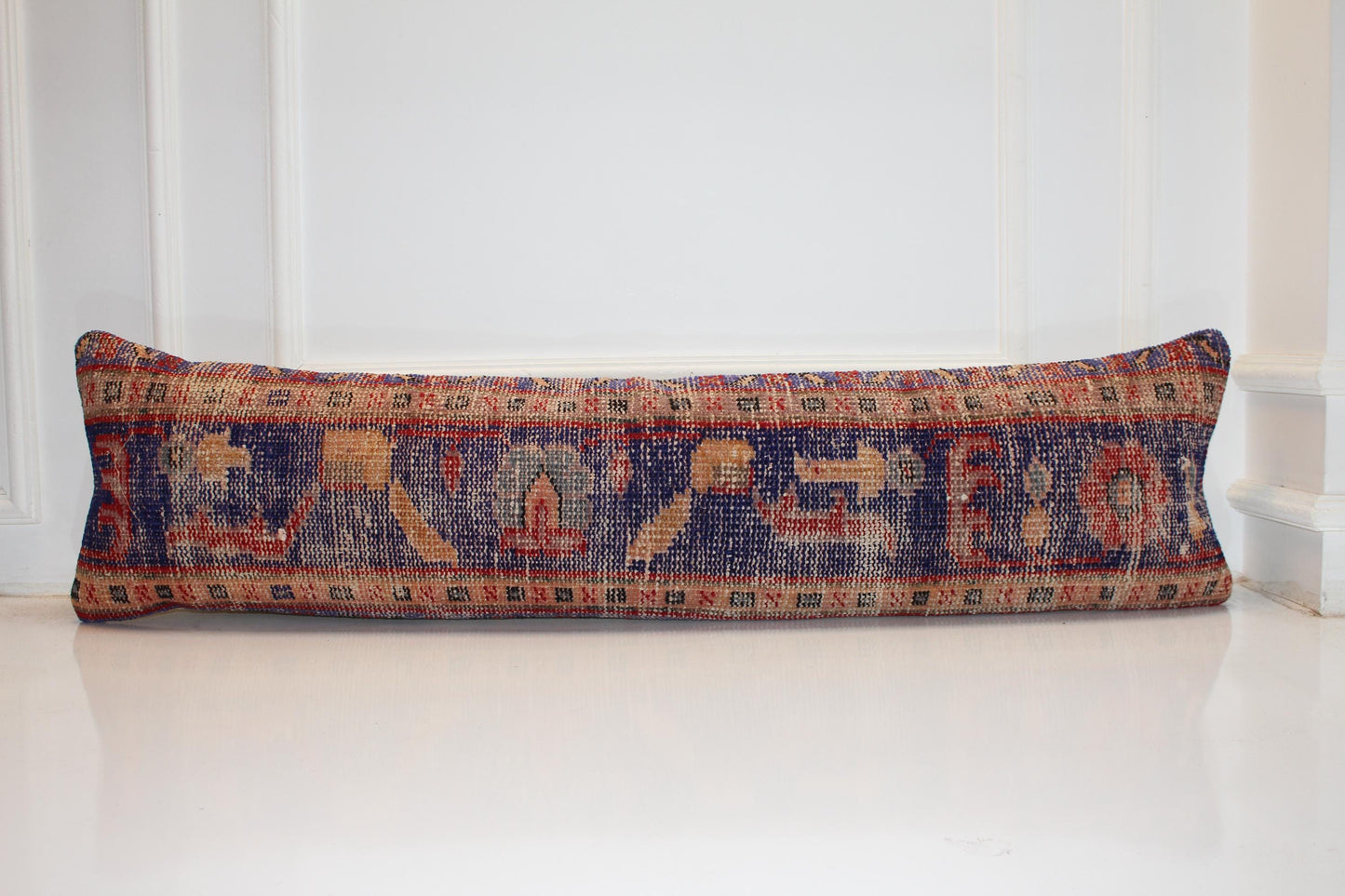 Long Patterned Textile Piece, Bold Blue Red Woven Surface, Elongated Decorative Form12X48