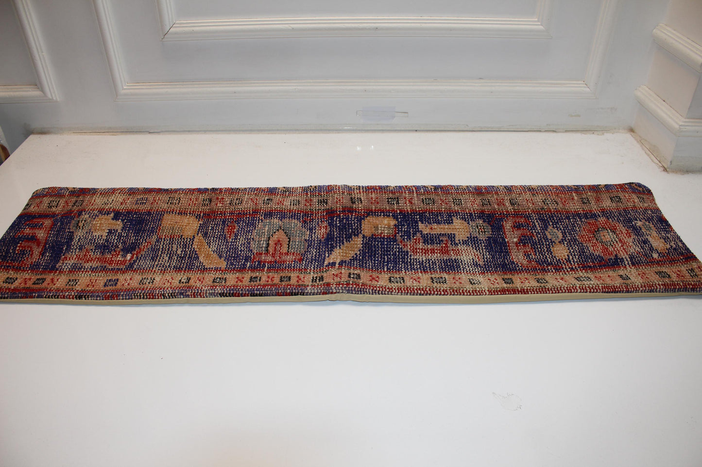 Long Patterned Textile Piece, Bold Blue Red Woven Surface, Elongated Decorative Form12X48