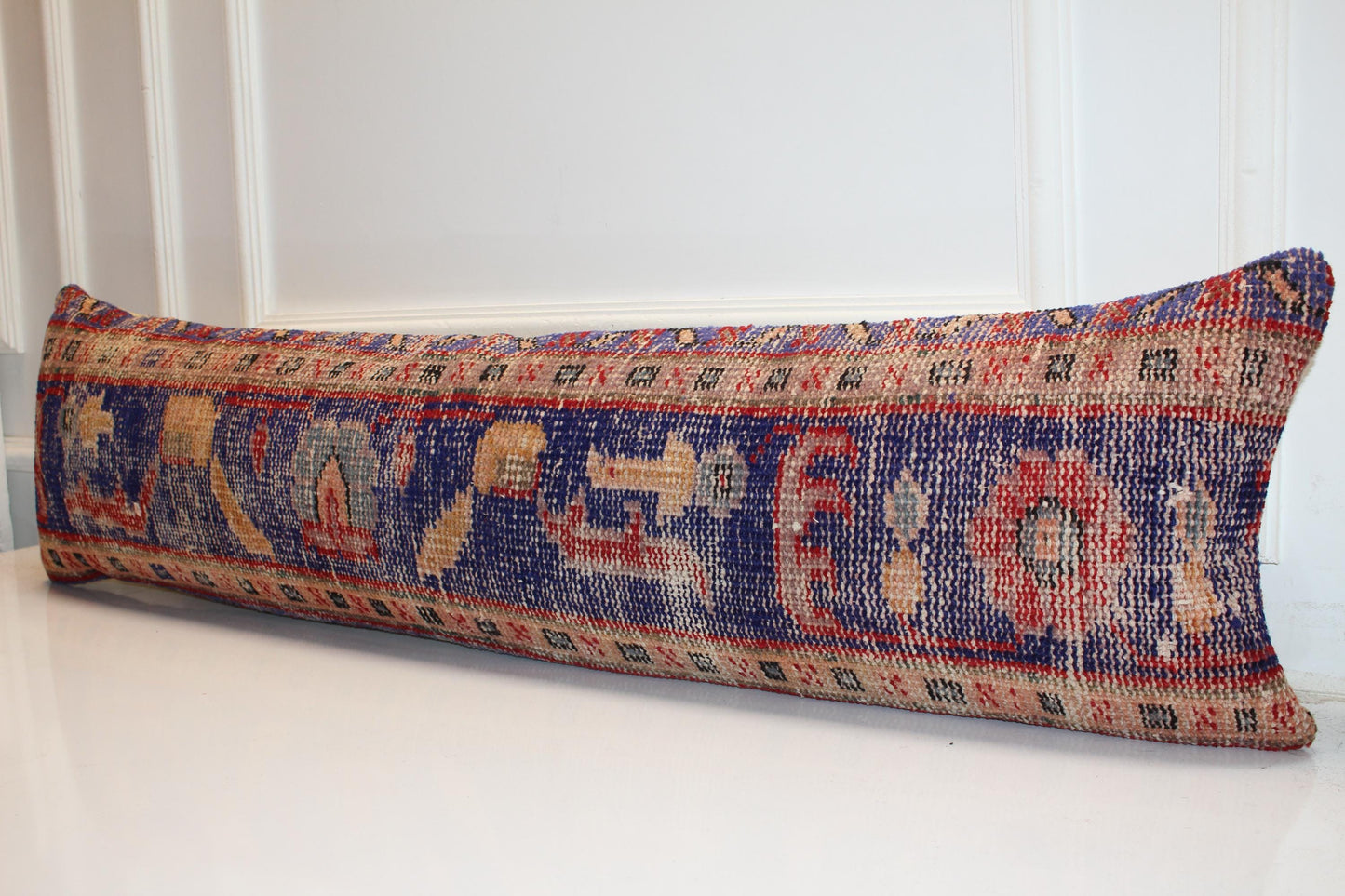 Long Patterned Textile Piece, Bold Blue Red Woven Surface, Elongated Decorative Form12X48