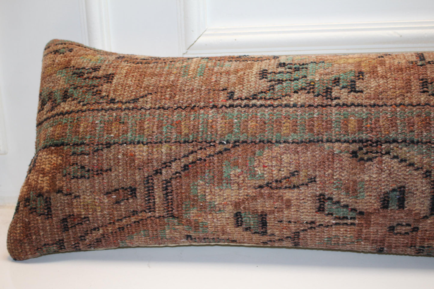 Long Earth-Tone Textile Form, Distressed Brown Woven Surface, Elongated Soft Furnishing 12X48