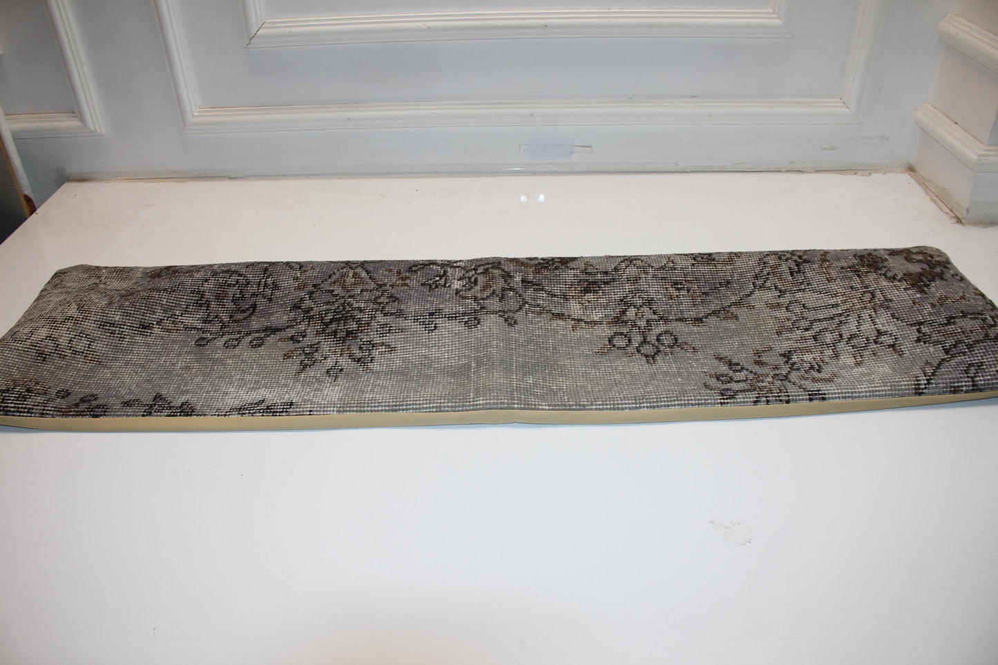 Long Grey Woven Piece, Faded Botanical Traces on Ash Base, Horizontal Soft Element 12X48