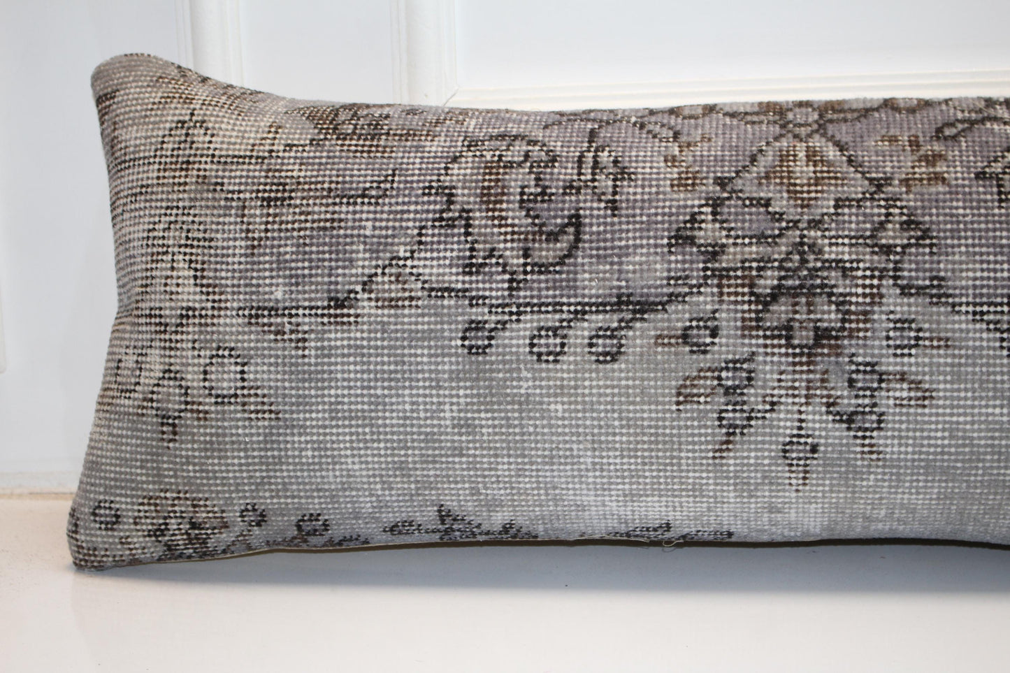 Long Grey Woven Piece, Faded Botanical Traces on Ash Base, Horizontal Soft Element 12X48