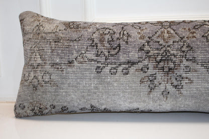 Long Grey Woven Piece, Faded Botanical Traces on Ash Base, Horizontal Soft Element 12X48